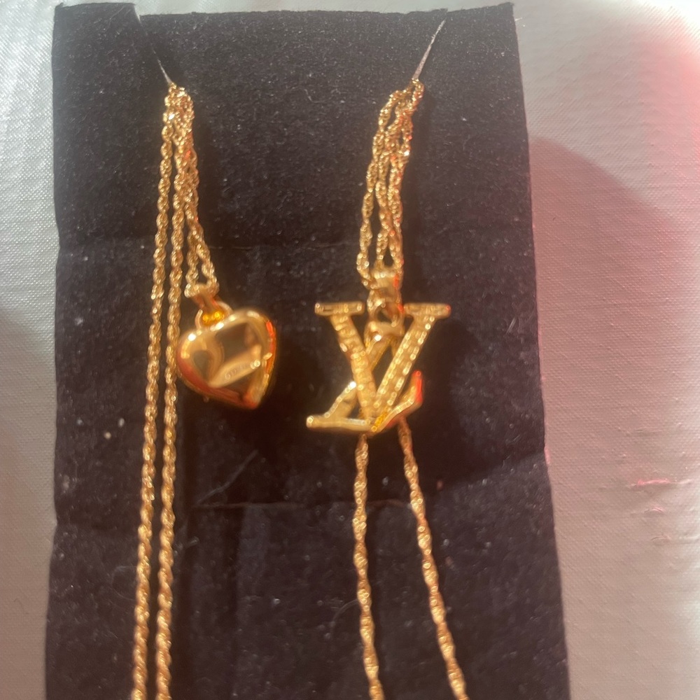 Gold Heart and LV Pendant Necklace